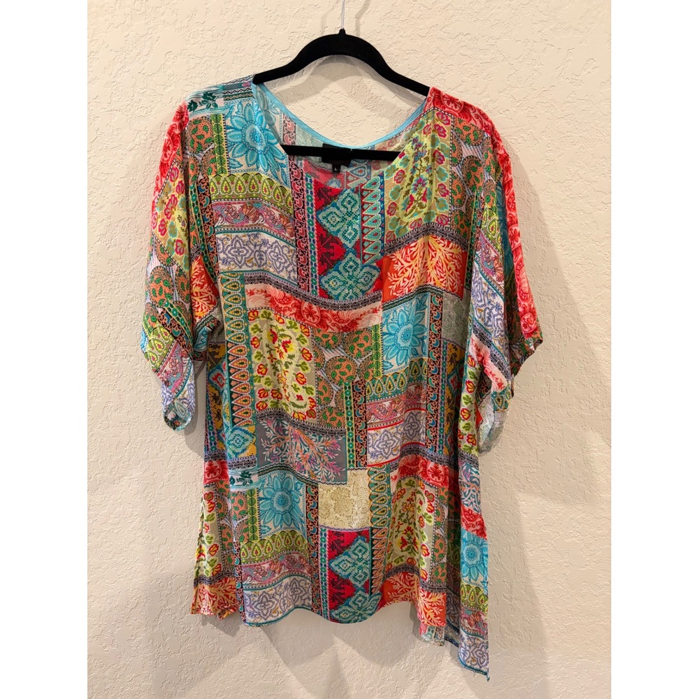 Shana Patchwork Print Tunic Top Multi-Color Boho Short Sleeve Blouse Large